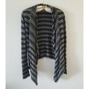 Lucy Sweater Womens Small Gray Black Striped Ruffle Drape Knit Cardigan Casual